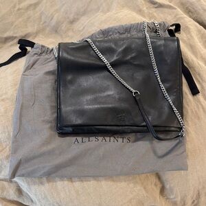 All Saints Black Leather Bag with Silver Chain